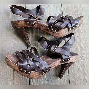 Italian Made Wooden Brown Strappy Studded Women's Heels Eu 37 Yin